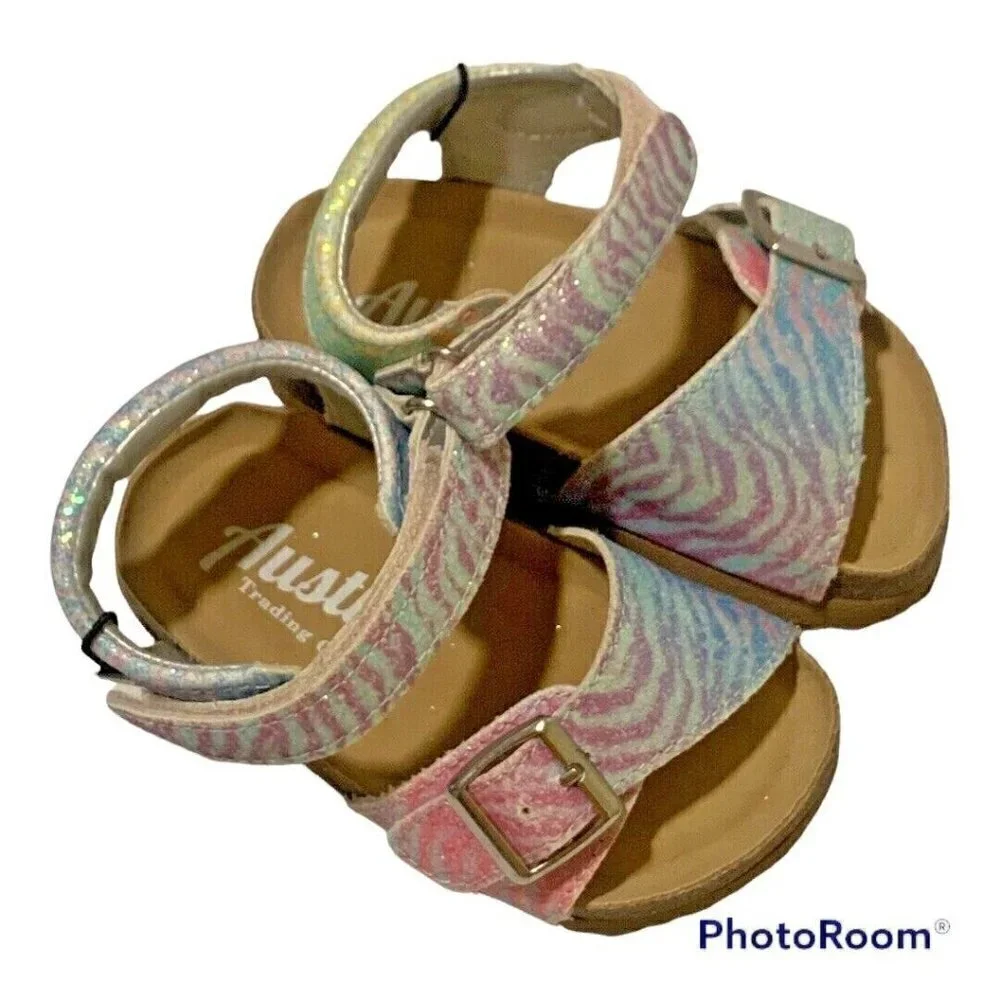 Austin Trading Co Girls 5D Sandals Pastel Glitter Faux Suede Footbed